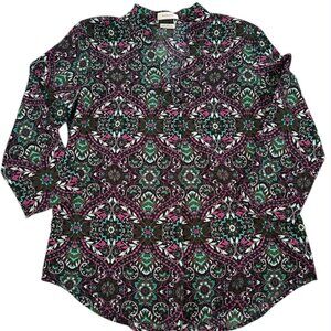Van Heusen Women’s Blouse M Multicolor Floral Geometric Print Long Sleeve Top